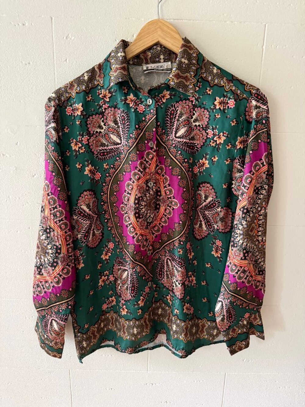 Colorful Green Silky Paisley Blouse Made in Turkey Boho | Medium